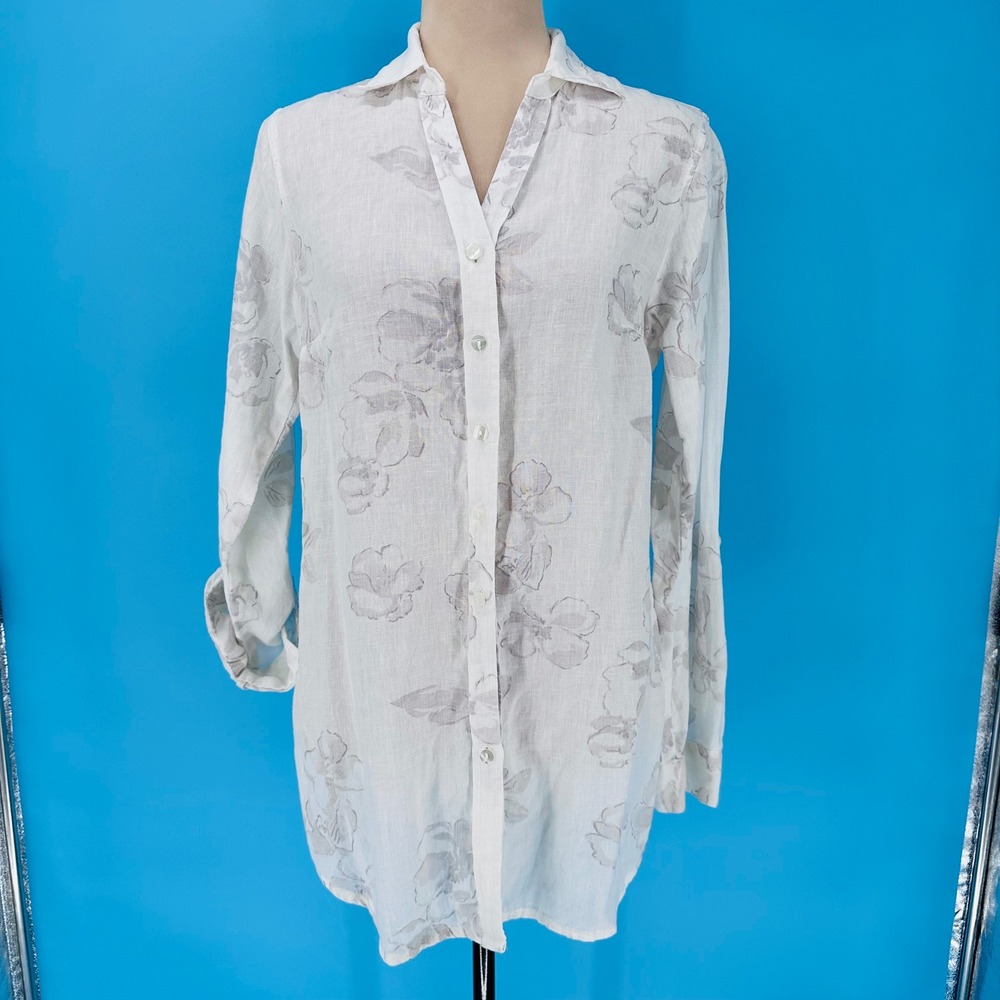 Coldwater Creek Linen Floral Sketch Tunic Shirt White Grey XS Roll Tab Sleeve